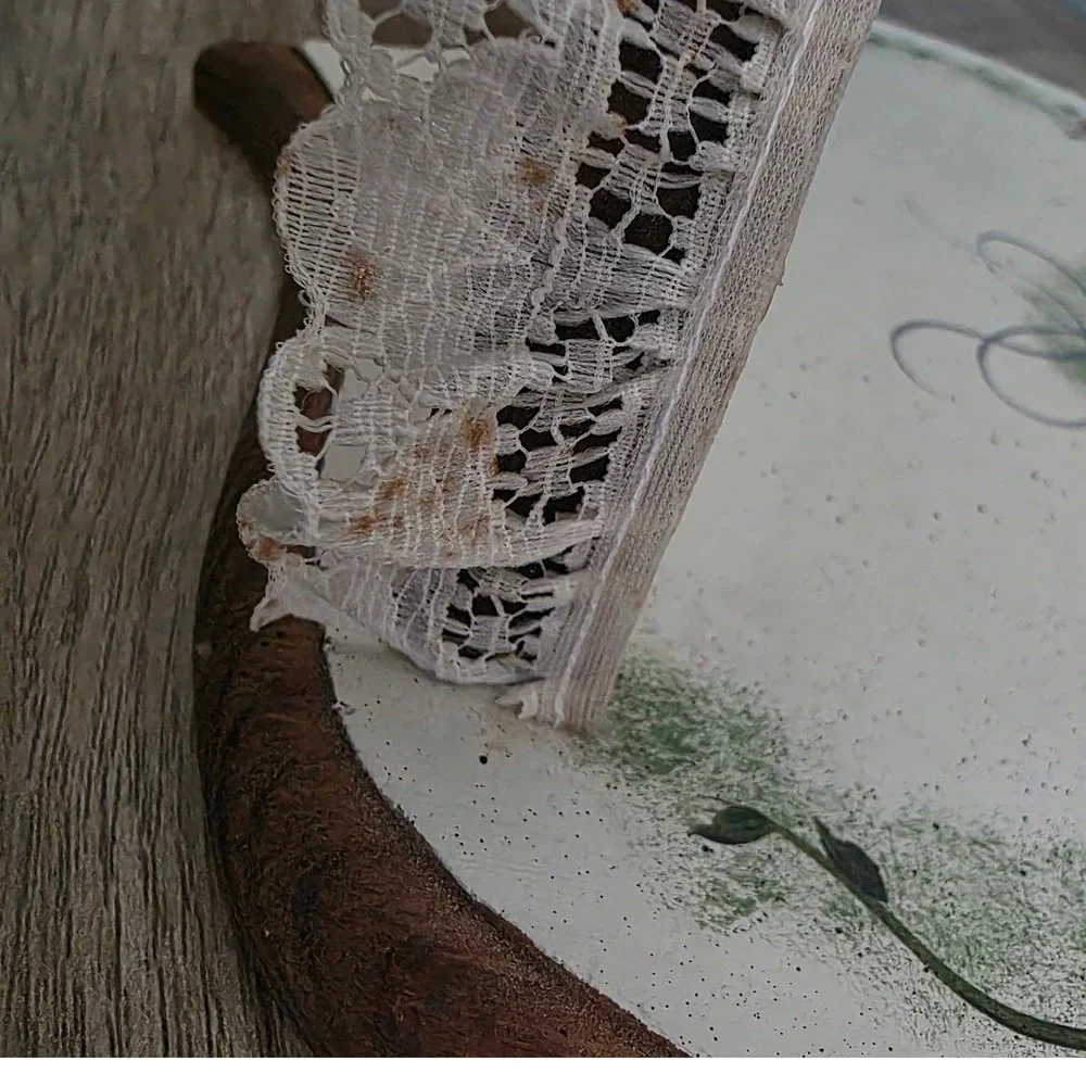 Vintage Cottagecore Wooden Heart Wall Shelf Hand Painted Roses Lace Trim 11x9